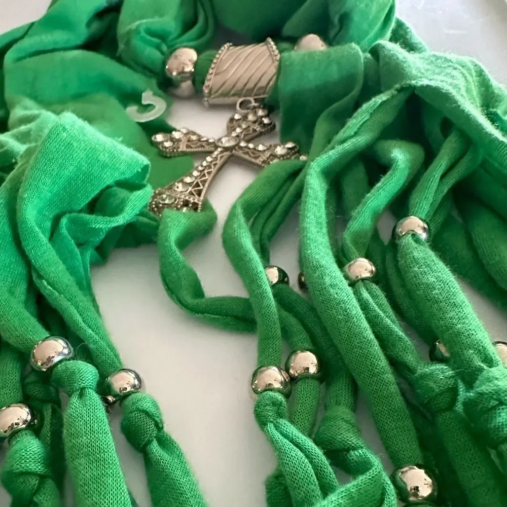 BIG SILVER CROSS GREEN TYE RAG BEADED BELT CLOTH SCARF